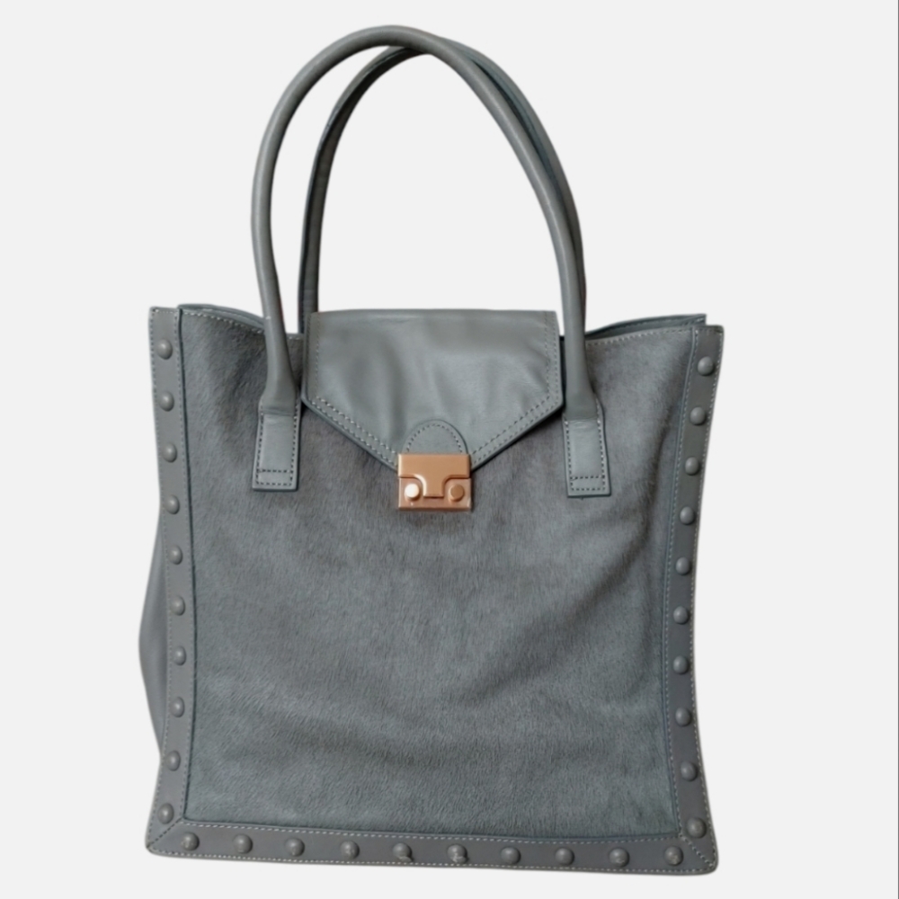 Loeffler Randall Gray Studded Leather & Calf Fur Tote Bag